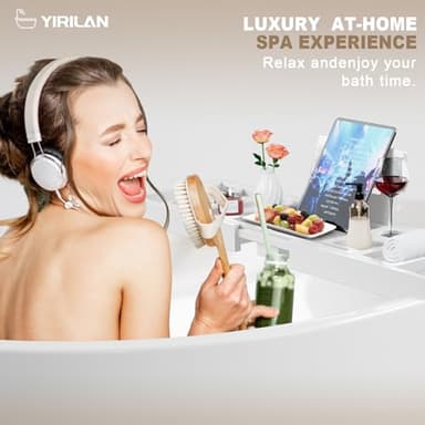 Yirilan Foldable Bamboo Bathtub Tray, Modern Rectangular Bathroom Tray, White, Suitable for Toiletries, Drinks - Image 4