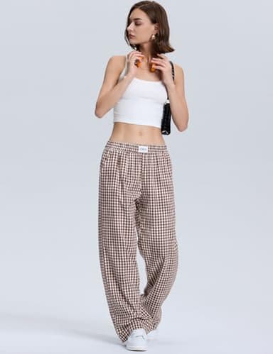 LOMON Women's Gingham Plaid Wide Leg Pants Cotton Boxers Pajama Lounge Pj Casual Trousers Y2K Flowy Bottoms with Pockets (Coffee White Plaid, L) - Image 4