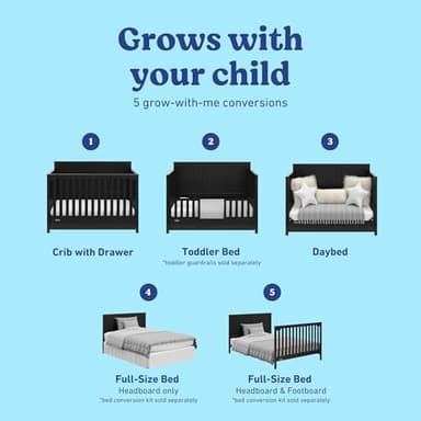 Graco Hadley 5-in-1 Convertible Crib with Drawer (Black) – Combo, Includes Full-Size Nursery Storage, Converts from Baby Crib to Toddler Bed, Daybed - Image 4