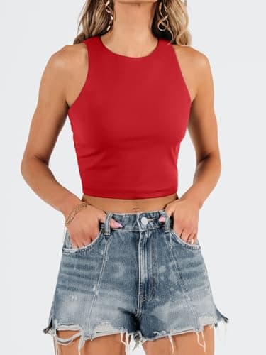 EFAN Womens Sexy Sleeveless High Neck Crop Tops Workout Cute Racerback Cropped Tank Tops Summer Clothes Teen Girls Red L - Image 2