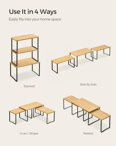 SONGMICS Cabinet Organizer Shelf, Set of 3 Kitchen Counter Shelves, Kitchen Storage, Spice Rack, Stackable, Expandable, Ink Black and Natural Beige UKCS014B01 - Image 7