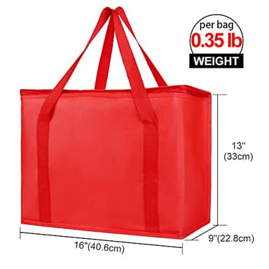 Bodaon 1-Pack Insulated Reusable Grocery Shopping Bags, X-Large Picnic Cooler Bag with Zipper Zippered Top Cold, Insulated Food/Pizza Delivery Bag (Red) - Image 2