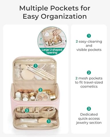 BAGSMART Travel Makeup Bag with Jewelry Organizer, Portable Make Up Bag, Puffy Wide-Opening Cosmetic Storage Pouch for Women’s Toiletries and Travel Essentials (Brown) - Image 2