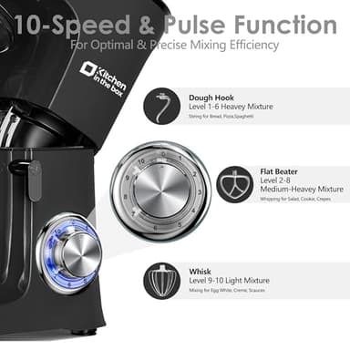 Kitchen in the Box Stand Mixer, 900W 8.5 QT Kitchen Electric Mixer, 10-Speed Large Capacity Tilt-head Food Mixer with Dough Hook, Wire Whip, Flat Beater & Splash Guard (Black) (Renewed) - Image 5
