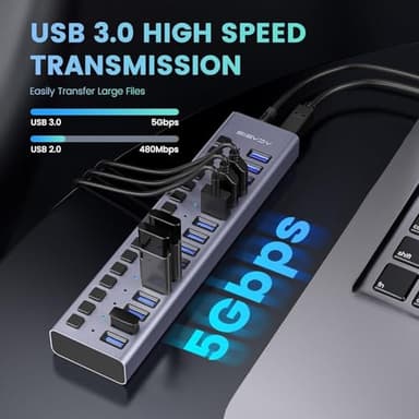 90W Powered USB Hub - ACASIS 16 Ports USB 3.0 Data Port, Aluminum Housing, Individual On/Off Switches, 12V/7.5A Power Adapter, USB Splitter for Laptop, PC, Computer, Printer - Image 3