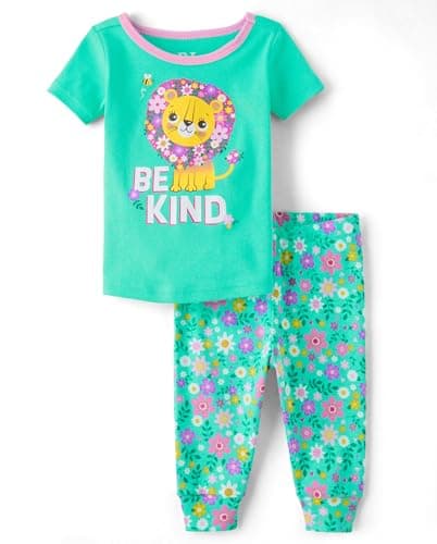 The Children's Place,Baby Girls,and Toddler Short Sleeve Top and Pants Snug Fit 100% Cotton 2 Piece Pajama Set,Be Kind Lion,9 Months,12 Months