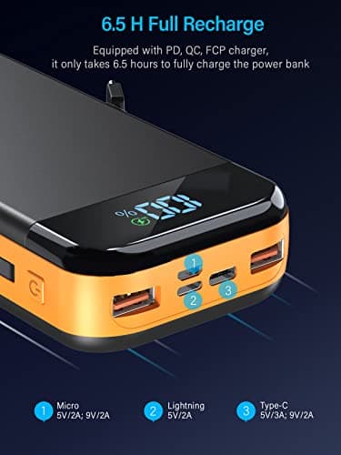 Portable Charger 32000mAh, 22.5W QC 3.0 PD 20W Smart LED Display Fast Charging Built in Cables Power Bank, External Battery Pack Charge 5 Devices Compatible with Cellphones (Orange) - Image 4