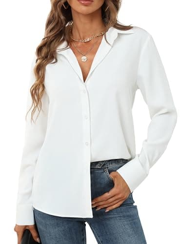 White Shirts for Women Dressy Formal Business Casual Summer Beach Long Sleeve v Neck Button up Shirt Collared Crisp Easy Care Oversize Loose fit Flowy Party Club Night Clubwear White Size XXL - Image 3