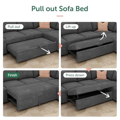 HONBAY Modular Sectional Sleeper Sofa with Pull Out Bed, Corduroy L Shaped Couch with Storage Seats, Convertible Sectional Couches for Living Room, Dark Grey - Image 6