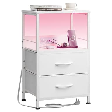 WLIVE White Night Stand with Charging Station, LED Nightstand with 2 Fabric Drawers and Storage Shelf, Dorm Bedside Table End Table with 2 USB Ports and Outlets, Small Dresser for Bedroom - Image 1