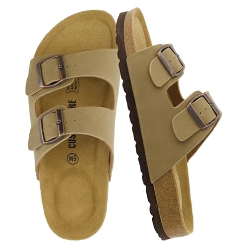 CUSHIONAIRE Lane Cork Footbed Sandals for Women – Comfortable Double Buckle Slip-On with Genuine Suede Footbed & Arch Support Slides for Women Footwear, TAUPE 8.5 - Image 1