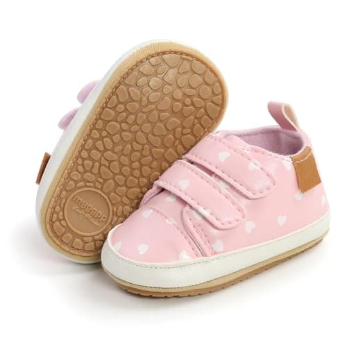 BEIDI Baby Girls Boys Shoes Soft Anti-Slip Sole Newborn First Walkers Star High Top Canvas Denim Unisex Infant Sneaker（F-Pinkheart,0-6 Months - Image 1