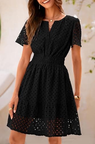 PRETTYGARDEN Womens 2025 Summer Short Dress V Neck Short Sleeve A Line Hollow Out Lace Ruffle Cute Casual Beach Party Dresses (Black,X-Large) - Image 6