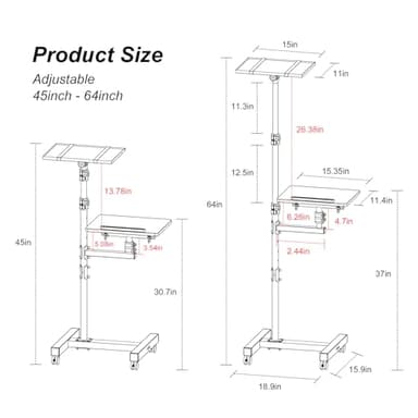 Facilife 2 Shelves Projector Stand Tripod, Height Adjustable Max 64", Mobile Laptop Cart on Wheels Projector Tripod Stand, Overbed Table with Wheels, Rolling Laptop Floor Stand for Couch - Image 3