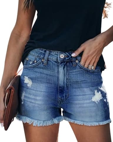onlypuff Navy Jean Shorts Zipper Fly Distressed Ripped Denim Shorts with 5 Pockets XL - Image 1