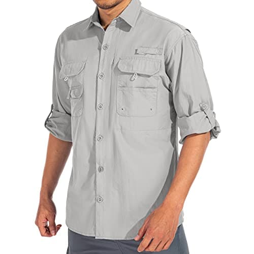 linlon Mens Safari Shirts Long Sleeve UV Protection Hiking Fishing UPF 50+ Quick Dry Cooling Camping Travel Shirts#5066-Light Grey-M - Image 1