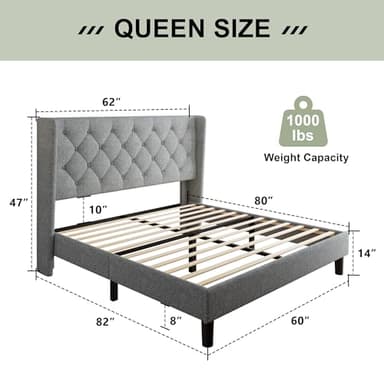 Feonase Queen Bed Frame with Upholstered Wingback Headboard, Platform Bed and Heavy Duty Wooden Slats Support, Easy Assembly, Noise-Free, No Box Spring Needed, Light Gray - Image 2