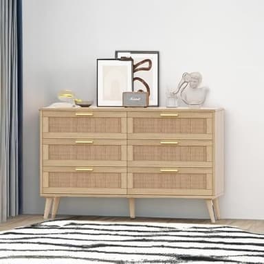 Rovaurx 6 Drawer Double Dresser for Bedroom, Rattan Chest of Dressers, Modern Wooden Dresser Chest with Golden Handles, Beside Table for Closet, Living Room and Entryway, Natural - Image 6