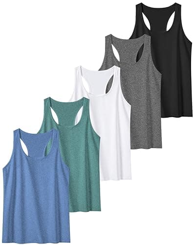 TELALEO 5 Pack Workout Tank Tops for Women, Athletic Racerback Sports Tank Top, Loose Sleeveless Dry Fit Shirts Black/Grey/White/Green/Blue L - Image 1