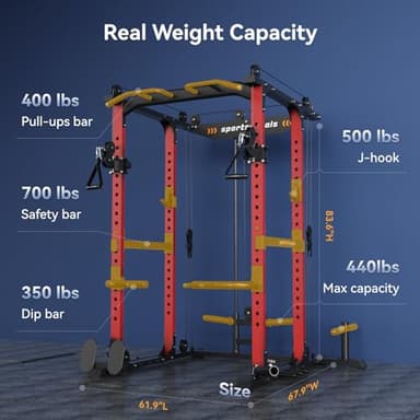Sportsroyals Power Cage,1600lbs Multi-Function Power Rack with Adjustable Cable Crossover System and More Training Attachment, Weight Cage for Home Gym,Multi-Weight Combination Barbell Plates(RED) - Image 4
