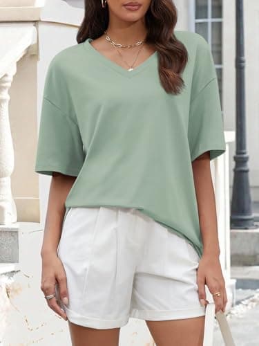 ATHMILE Womens Summer Oversized Shirts V Neck Plus Size Spring Workout Tops Beach Vacation 2025 Gym Clothes Gray Green - Image 3