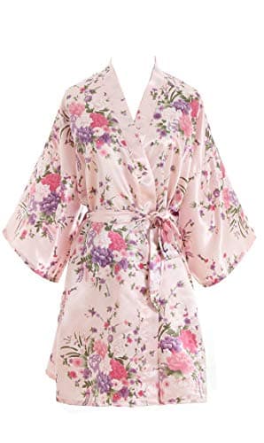 V Vaborous Women's Floral Satin Robes Short Bridesmaid Robes Silk Sleepwear,Floral Pink,XL - Image 1