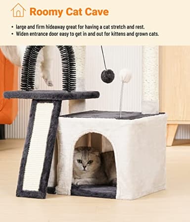 Happi N Pets Cat Tree Tower for Indoor Cats, Multi-Level Cat Tree with Scratching Posts & Condos, Cozy Cat Perch, Self Groomer and Interactive Toys, Featuring with Large Cat Cave, Light Gray - Image 6