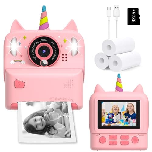 Instant Print Camera for Kids - Christmas Birthday Gift Toy for Girl Boy Age 3-9, Children Selfie Digital Cameras with Cartoon Soft Silicone Cover, Print Black White Photo with 32GB Card (Pink)