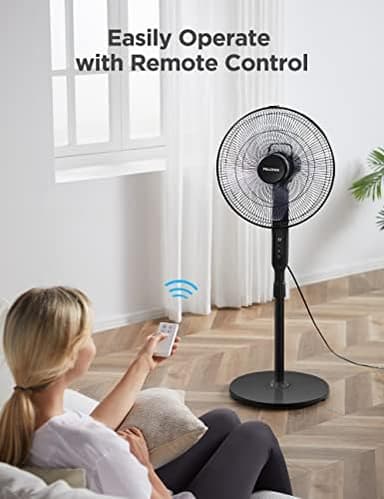 PELONIS 16" Oscillating Pedestal Stand Up Fan | Adjustable Height | Ultra Quiet DC Motor | Remote Control | 12 Speed | 12-Hour Timer | High Energy Efficiency | for Bedroom Home Office Use | Black - Image 7