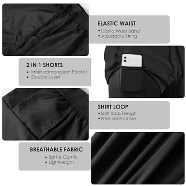 NIMOJIRO Men's 2 in 1 Running Shorts Workout Athletic Shorts Outdoor Sports with Liner Lightweight Training Yoga Gym Shorts with Phone Pockets Black M - Image 5