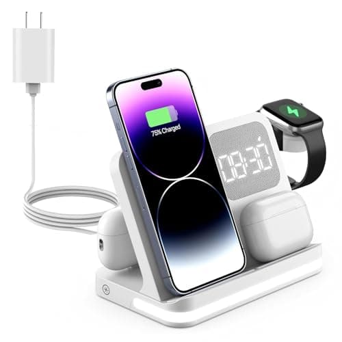 7 in 1 Wireless Charging Station Compatible with Apple Multiple Devices iPhone, AirPods, and Apple Watch - Phone Wireless Charger Fast Charging with Night Lamp and Clock(White) - Image 1