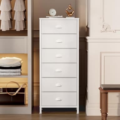 Furnulem White Tall Dresser for Bedroom,Vertical Storage Tower Unit and End Table with 6 Fabric Drawers, Nightstand Furniture with Drawer Organizer in Living Room,Closet,Entryway,Hallyway - Image 2