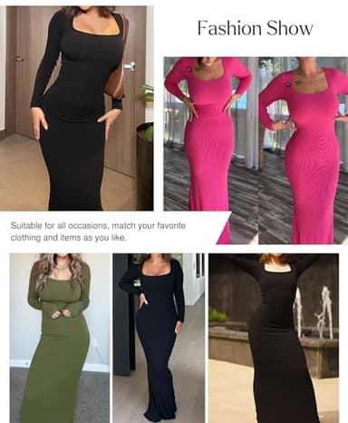 Popilush Formal Wedding Guest Dress - Women's Shapewear Long Sleeve Maxi Dresses Fall Square Neck Bodycon Dress Built-in Bra Green - Image 2