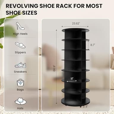 Gujiam Wood 7-Tier Rotating Shoe Rack Tower, 360 with Wheels, Shoe Tree Organizer for Entryway Closet Bedroom, Space-Saving Design, Compact Tower, 66.9 Inch - Black - Image 3