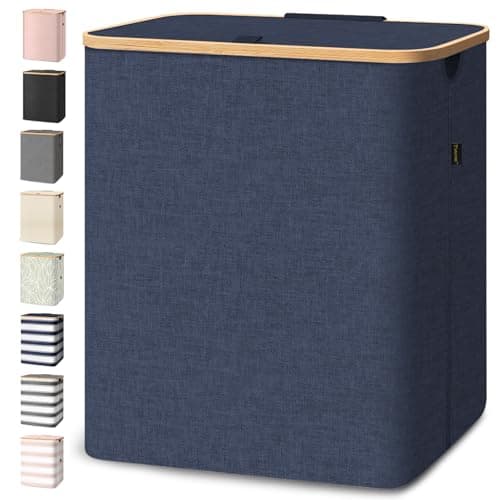 BALEINE Laundry Hamper with Lid, Tall Laundry Baskets with Bamboo Pull Handles, Large Laundry Bin with Internal Support (36 Gal/140L, Blue) - Image 1