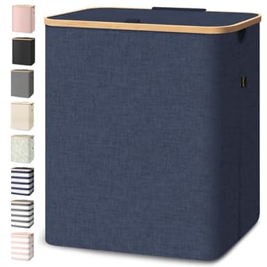 BALEINE Laundry Hamper with Lid, Tall Laundry Baskets with Bamboo Pull Handles, Large Laundry Bin with Internal Support (36 Gal/140L, Blue) - Image 1