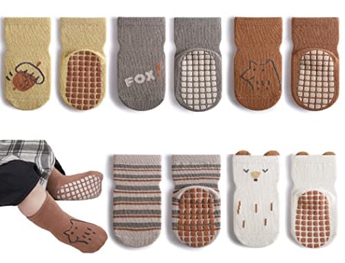 Exegawe Toddler Non Slip Socks, Cute Baby Socks with Grips Crew Socks 5 Pairs(H,M/1-3y) - Image 1