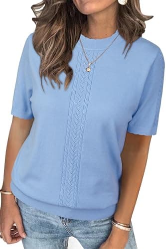 Arach&Cloz Womens Cute Cable Knit Summer Tops Short Sleeve Shirts Dressy Casual Crewneck Ladies Sweater 2025 Baby Blue - Image 1