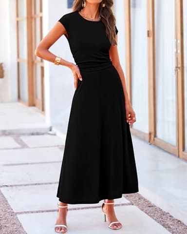 BTFBM Women Two Piece Skirt Set Summer 2025 Casual Vacation Crew Neck Short Sleeve Cropped Top Elastic Waist Midi Skirts(Black, Large) - Image 2