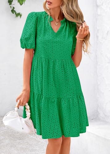KIRUNDO Eyelet Summer Dresses for Women 2025 Mini Casual Hollow Out Short Sleeve Lace Tiered V Neck Shift Dress Pockets(Green, Medium) - Image 5