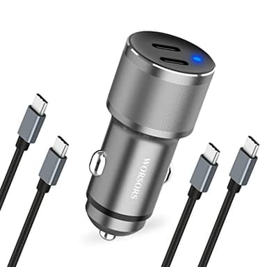 Dual 45W USB C Car Charger, 90W Max Super Fast Charging, All Metal 12V Cigarette Lighter Adapter for iPhone 17 Pro Max/16/15/iPad, Samsung Galaxy S25/S24, Google Phones with 2 Type C Cable 3.3ft Gray - Image 1