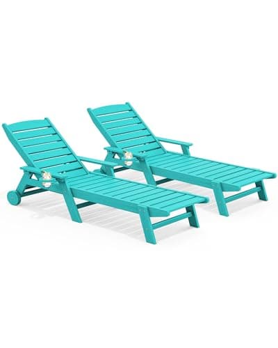 SERWALL Patio Chaise Lounge Chair Set of 2, 78'' Long 5-Positions Adjustable HDPE Outdoor Lounger for Pool, Poly Lounge Chair with Rolling Wheels & Cup Holder for Poolside, Deck, Aqua Blue - Image 1