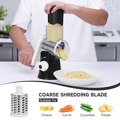 REDPANT Rotary Cheese Grater with Handle, Kitchen Mandoline Vegetable Slicer with 3 Interchangeable Blades & Strong Suction Base, Easy to Clean Grater for Vegetables, Fruit, Nuts, Black - Image 2