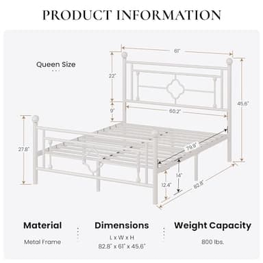 SHA CERLIN 14 Inches Queen Size Metal Platform Bed Frame/Vintage Iron-Art Headboard and Footboard/Mattress Foundation for Storage/No Box Spring Needed/Noise-Free/Easy Assembly/White - Image 2