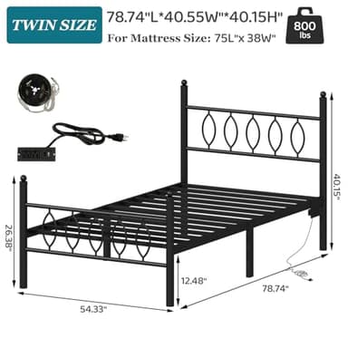 Samurbex Twin Size Bed Frame with Headboard,Black Metal Platform Bed Frame Twin Size with Charging Station & LED Lights,12-Inch Under Bed Storage,No Box Spring Needed,Noise Free,Easy to Assemble - Image 2