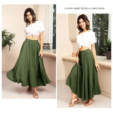Ezcosplay Women Boho Maxi A Line Skirt Elastic Waist Summer Bohemian Flowy Long Beach Swing Skirts Army Green - Image 3