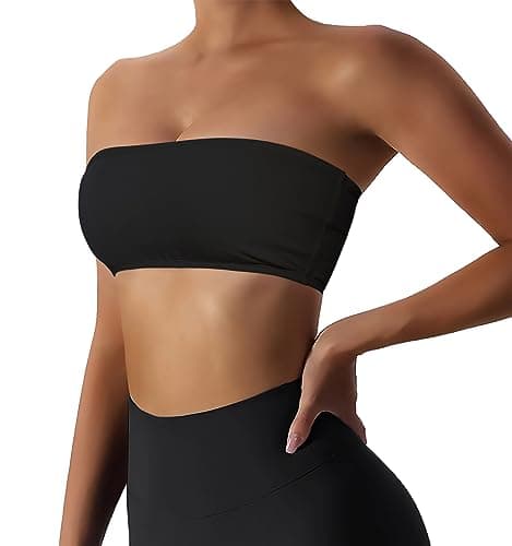 Boudaner Women’s Padded Bandeau Sports Tube Top Bra Strapless Wireless Solid Seamless Yoga Workout Bralette Black - Image 1