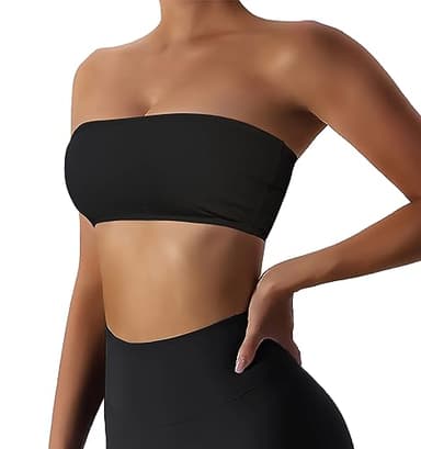 Boudaner Women’s Padded Bandeau Sports Tube Top Bra Strapless Wireless Solid Seamless Yoga Workout Bralette Black - Image 1