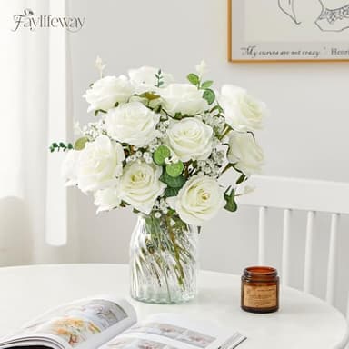 20PCS Artificial White Roses, 3.9'' Silk Flower Head Fake White Rose with Long Stems, Realistic Faux Roses Bouquet for DIY Wedding Home Party Office Decoration - Image 7