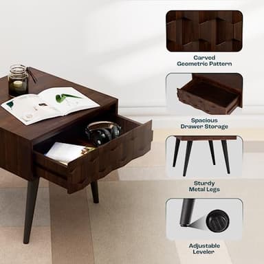 Bme Georgina Solid Wood Nightstands with Drawers - Fully Assembled Rustic Geometric Pattern Bedside Cabinet - Mid Century Modern Side Table for Living Room, Bedroom - Image 6